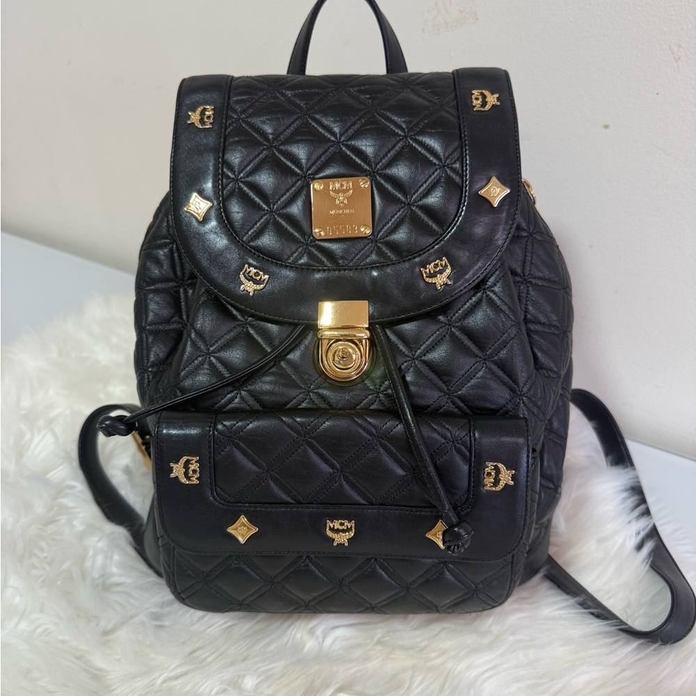 MCM Black and Gold Quilted Backpack with Luxurious Design 💯 Authentic